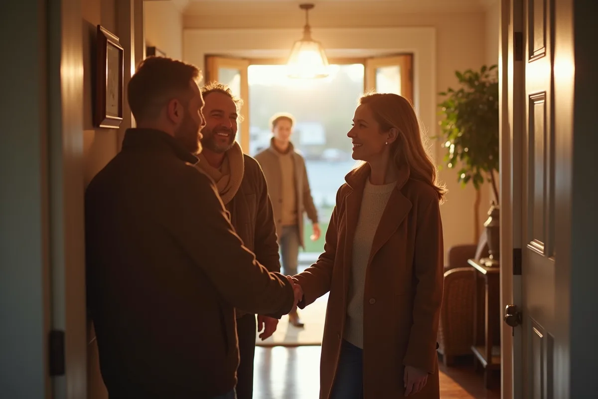 Accueil chaleureux avec invités qui se saluent à l