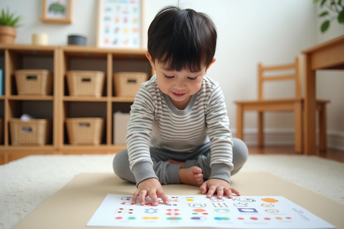Enfant de maternelle petite section collant des gommettes sur une fiche d'activité imprimée dans une salle de classe