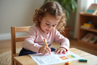 Petite fille de 2-3 ans faisant une activité maternelle imprimée avec des crayons à une petite table en bois
