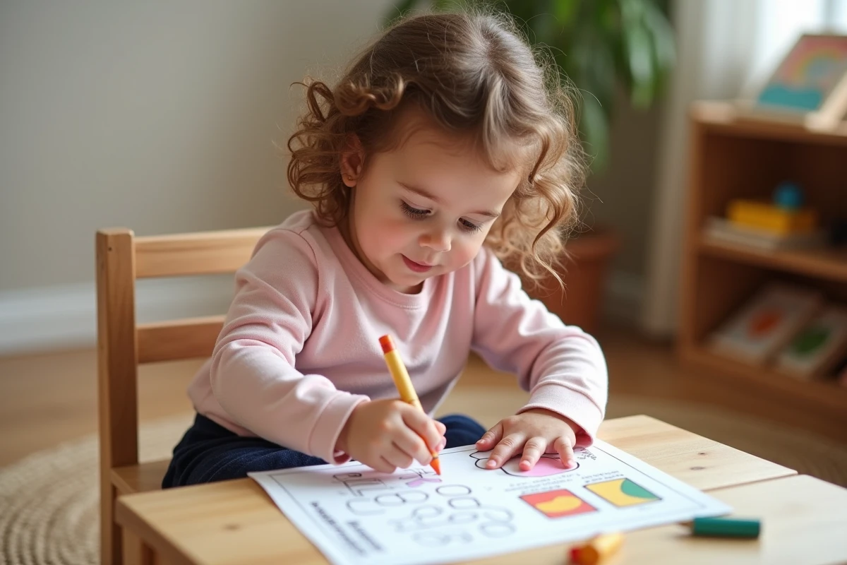 Petite fille de 2-3 ans faisant une activité maternelle imprimée avec des crayons à une petite table en bois