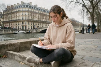 Adolescente dessinant dans un carnet au bord de la Seine à Paris un dimanche