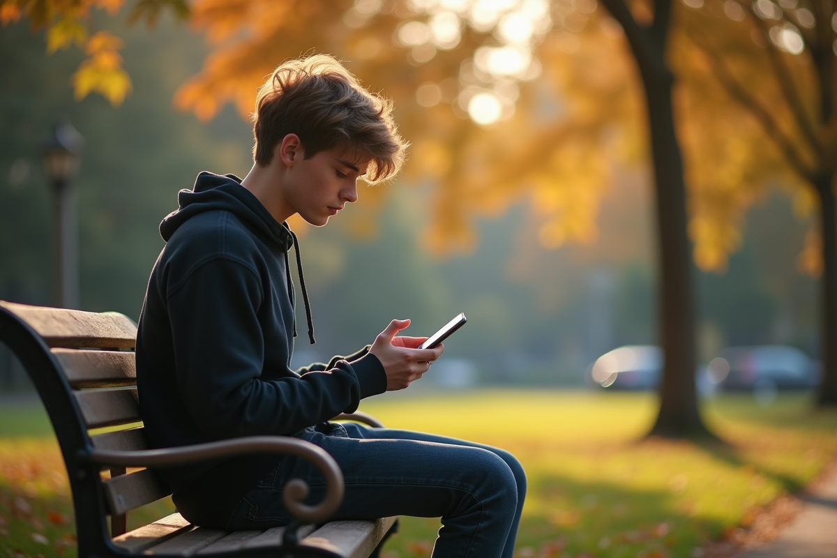 Adolescent seul sur un banc regardant son téléphone