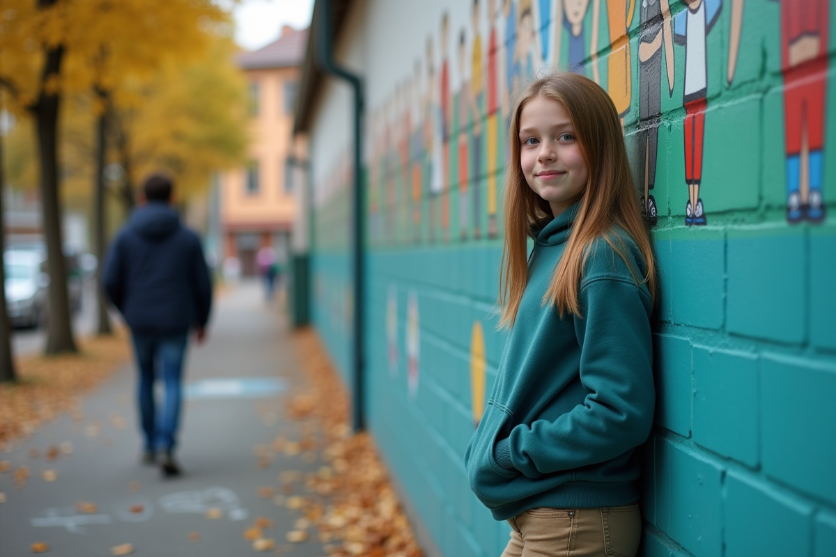 Adolescente de 13 ans discutant devant un mur d école coloré en automne