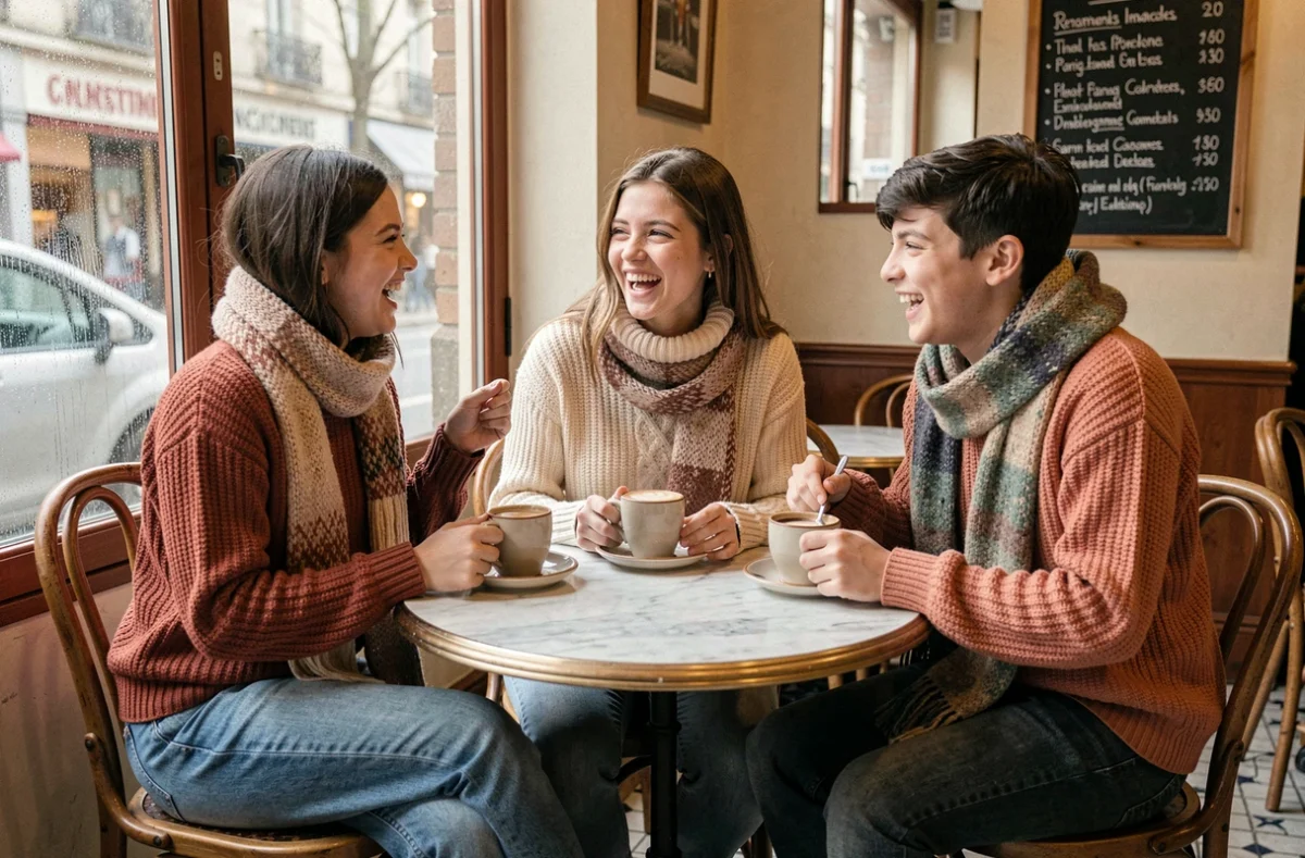 Groupe d'adolescents discutant autour d'un café dans un bistrot parisien le dimanche