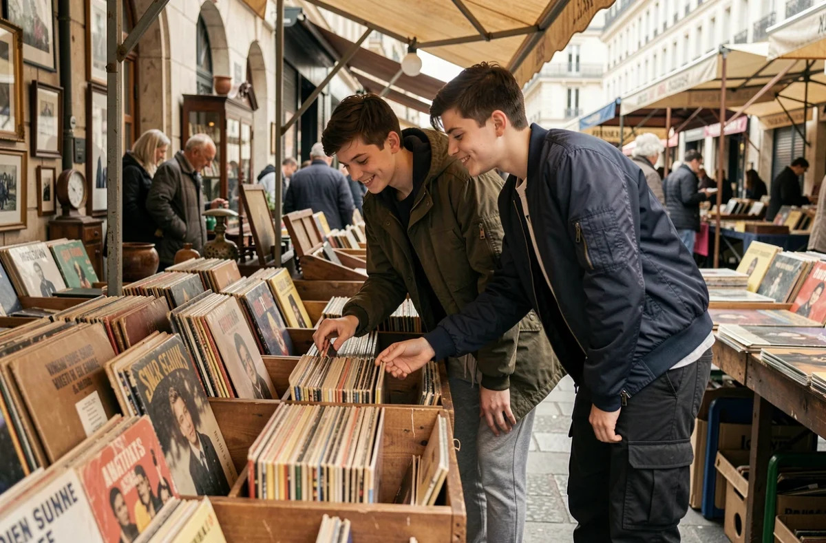 Deux adolescents parcourant des vinyles dans un marché aux puces parisien le dimanche
