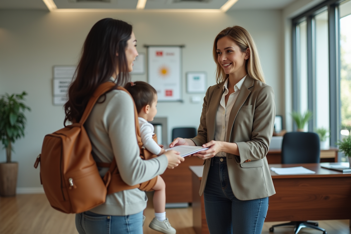 Travailleur social remettant un document à une mère