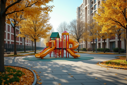 Aire de jeux urbaine vide avec structures colorées en plein jour