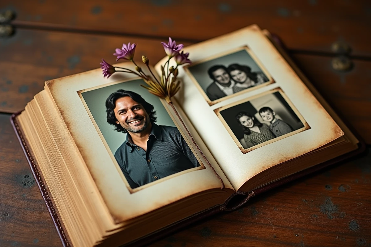Album photo de famille vintage des années 1970 ouvert sur une table en bois avec des photographies jaunies et une fleur séchée entre les pages