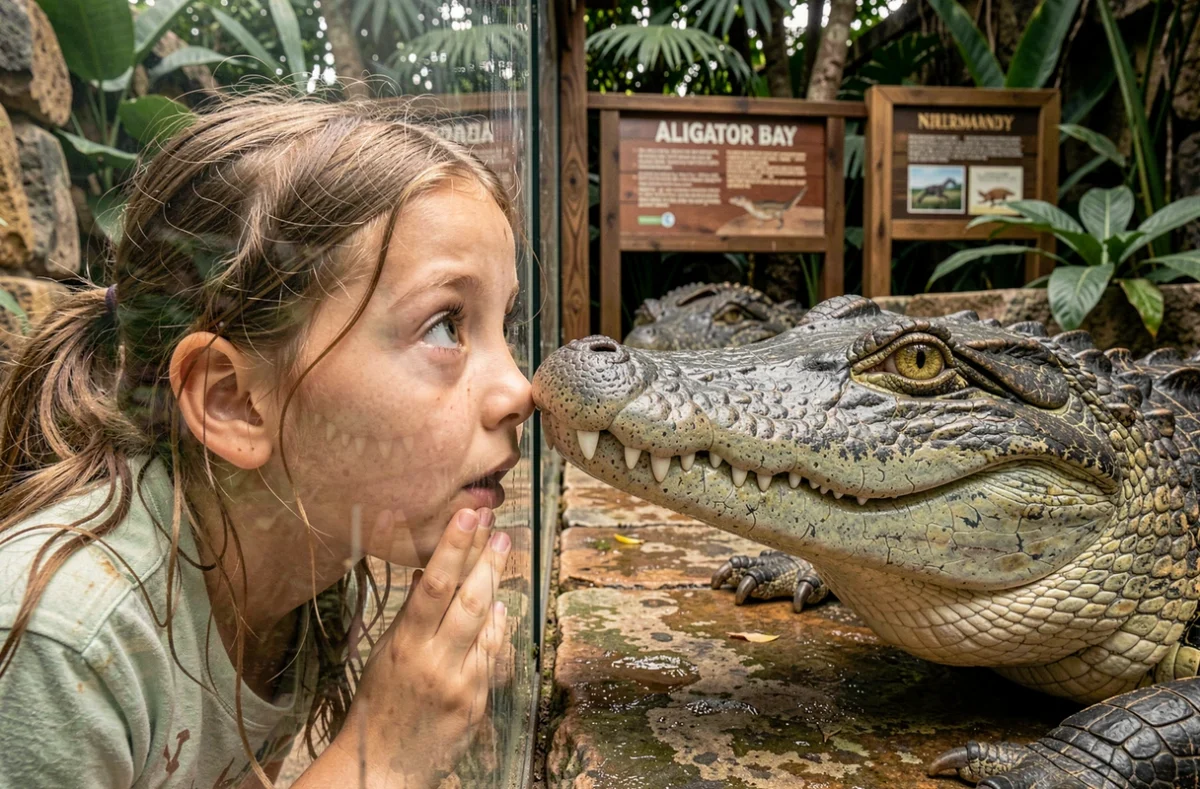 Petite fille face à un alligator américain derrière la vitre au parc Alligator Bay en Normandie
