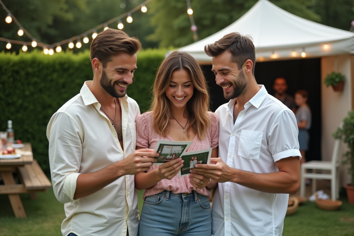 Adultes riant en regardant des photos de fête en plein air