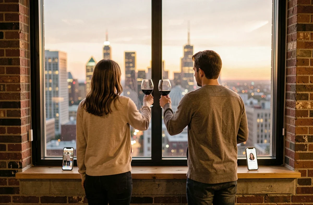 Deux amis trinquant par écrans interposés pour fêter un anniversaire à distance depuis un appartement urbain