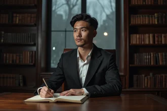 Portrait psychologique d'un homme au regard impassible assis dans une bibliothèque sombre, illustrant l'analyse des personnages assassins de la famille Zoldyk