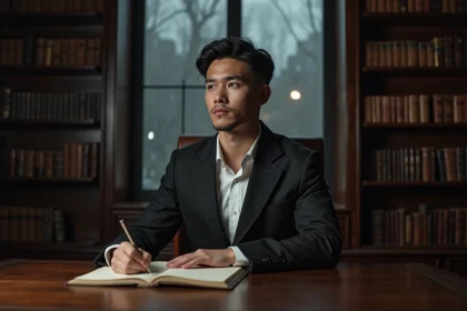 Portrait psychologique d'un homme au regard impassible assis dans une bibliothèque sombre, illustrant l'analyse des personnages assassins de la famille Zoldyk