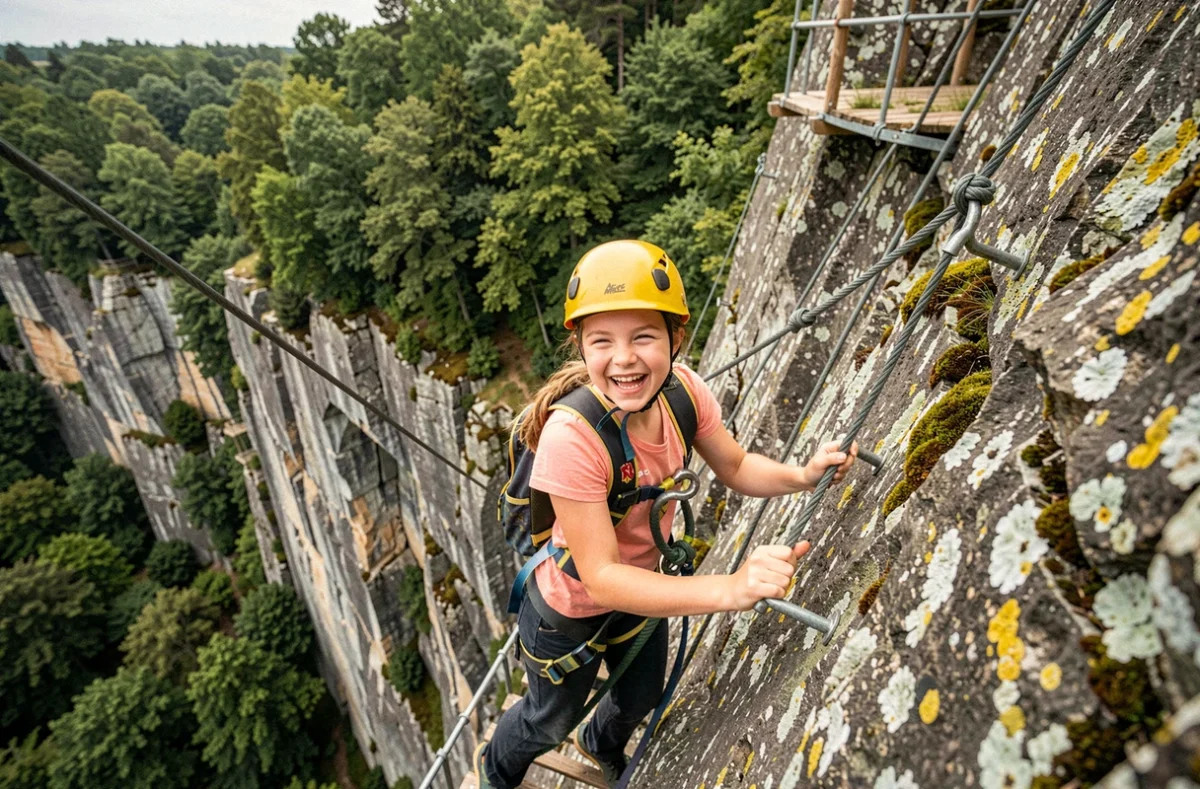 Adolescente en harnais descendant une via ferrata au parc Ange Michel en Normandie