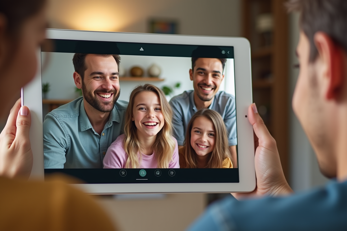 Appel vidéo familial sur une tablette murale dans un intérieur lumineux