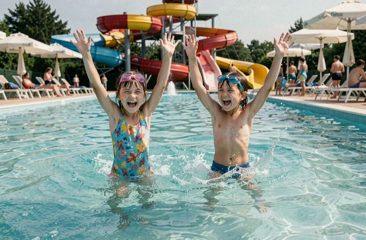 Deux enfants s'éclaboussant dans la piscine à vagues de l'Aquaclub du Val-d'Oise
