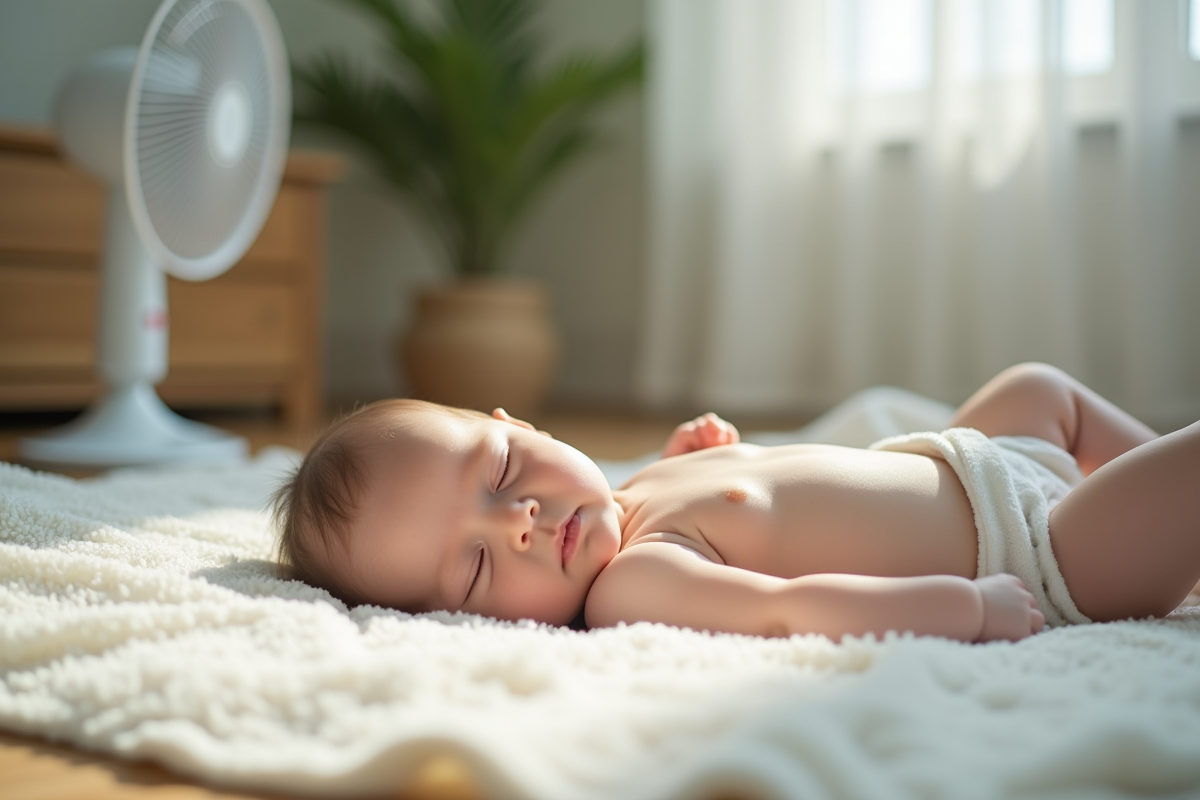 Bébé allongé confortablement avec un ventilateur en arrière-plan