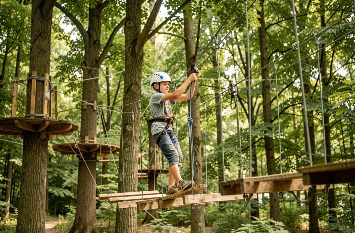 Adolescent sur un parcours acrobatique en hauteur à Beauregard Aventure en Normandie