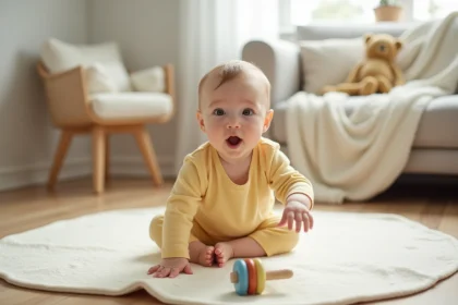 Bébé de 7 mois assis sur un tapis de jeu attrapant un hochet en bois coloré dans un salon scandinave chaleureux