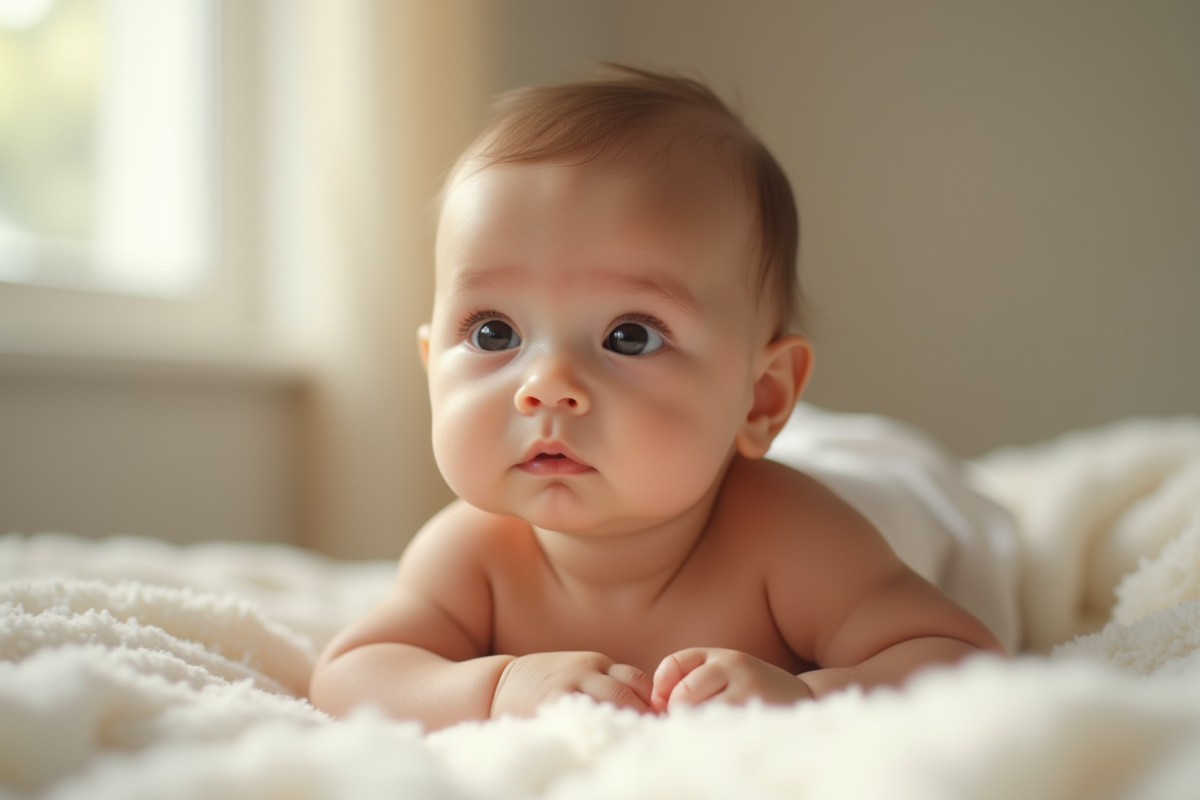 Bébé à la peau dorée allongé sur une couverture blanche