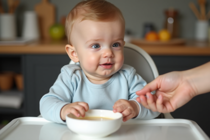 B&eacute;b&eacute; de quatre mois dans une chaise haute en train de manger