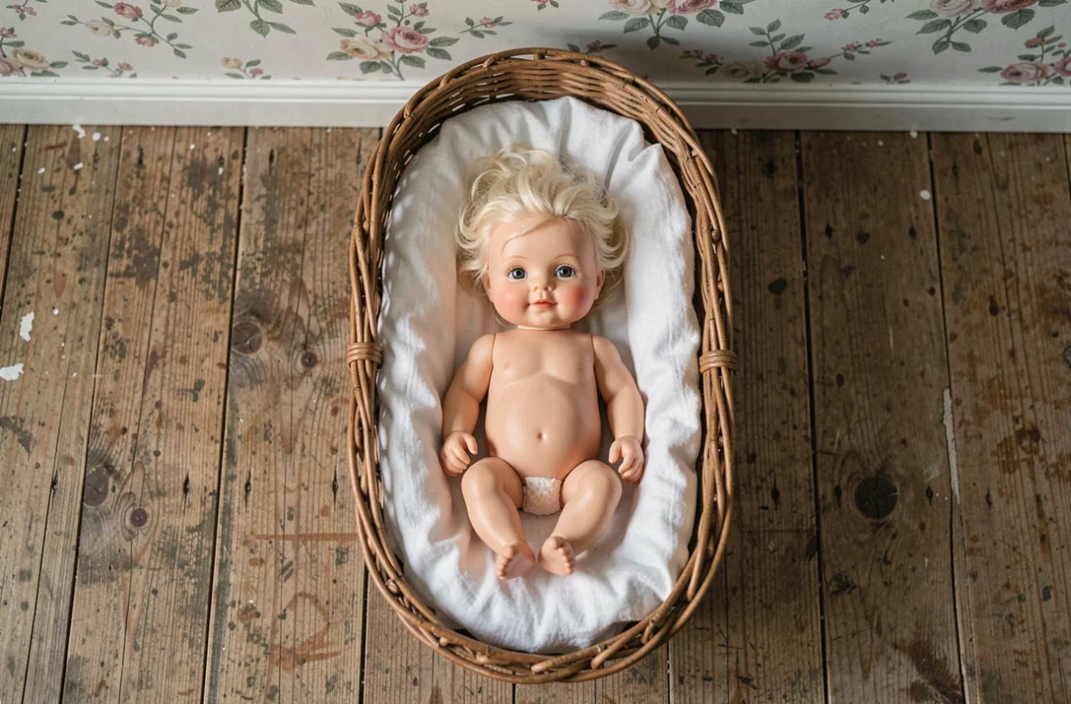 Bébé reborne en vinyle peint à la main allongé dans un couffin en osier tapissé de mousseline blanche, montrant les détails réalistes du visage et des cheveux enracinés