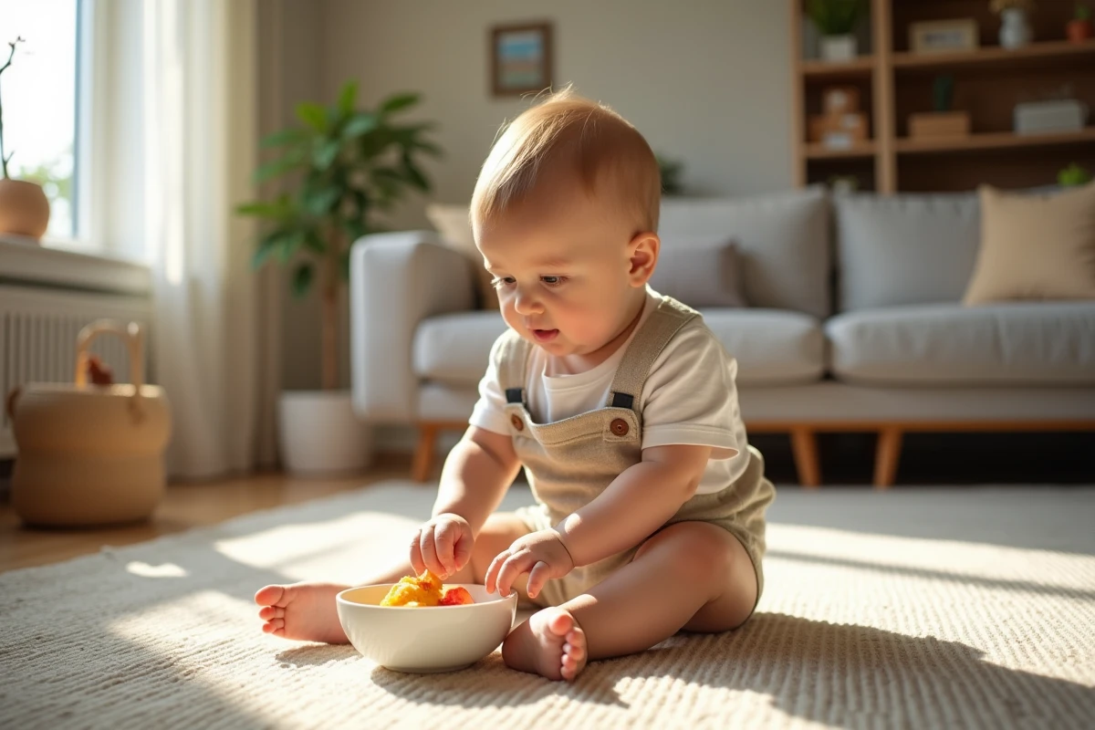 Bebe garçon de sept mois attrapant un bol de fruits dans le salon