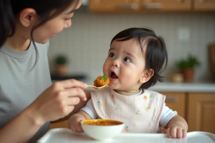 Bebe fille de six mois dans une cuisine moderne en train de manger