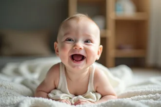 Bébé souriant sur une couverture douce montrant ses dents de poussée