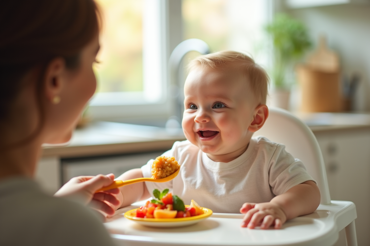 Bébé souriant dans une chaise haute en cuisine lumineuse