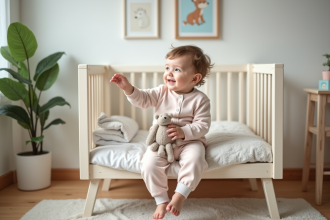 Enfant curieux dans un berceau moderne dans une nurserie