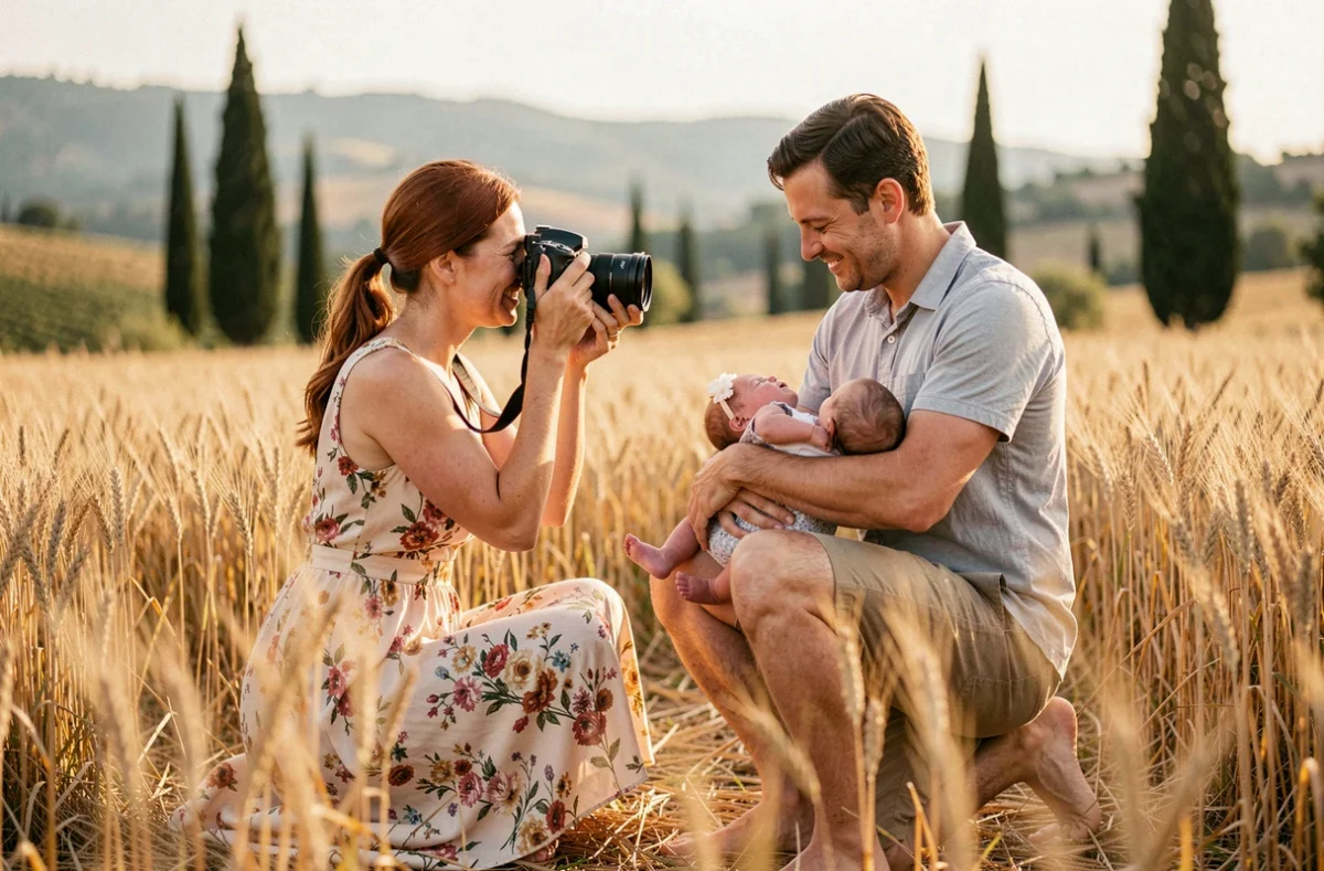 Photographe Sophie Bourgeix en pleine séance famille dans un champ de blé doré en Provence