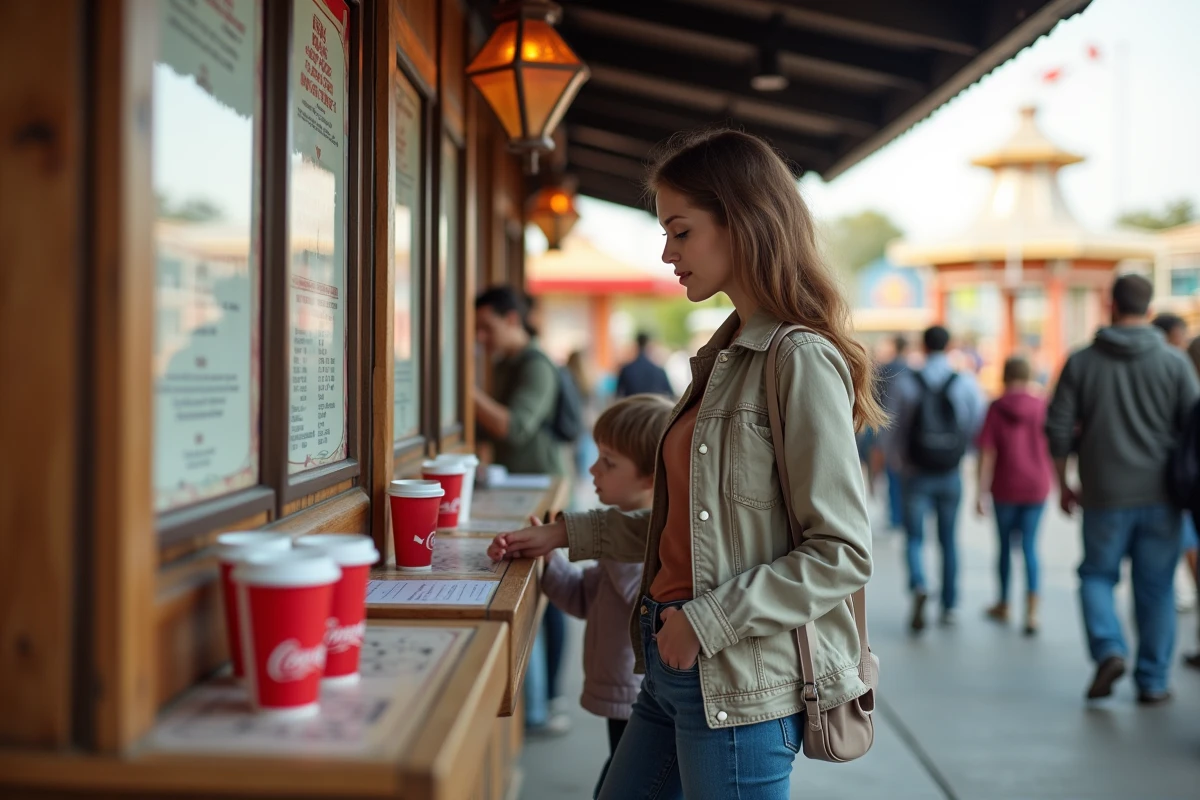 Mère de famille consultant le menu et les prix d'une buvette à l'intérieur du parc Walibi Rhône-Alpes