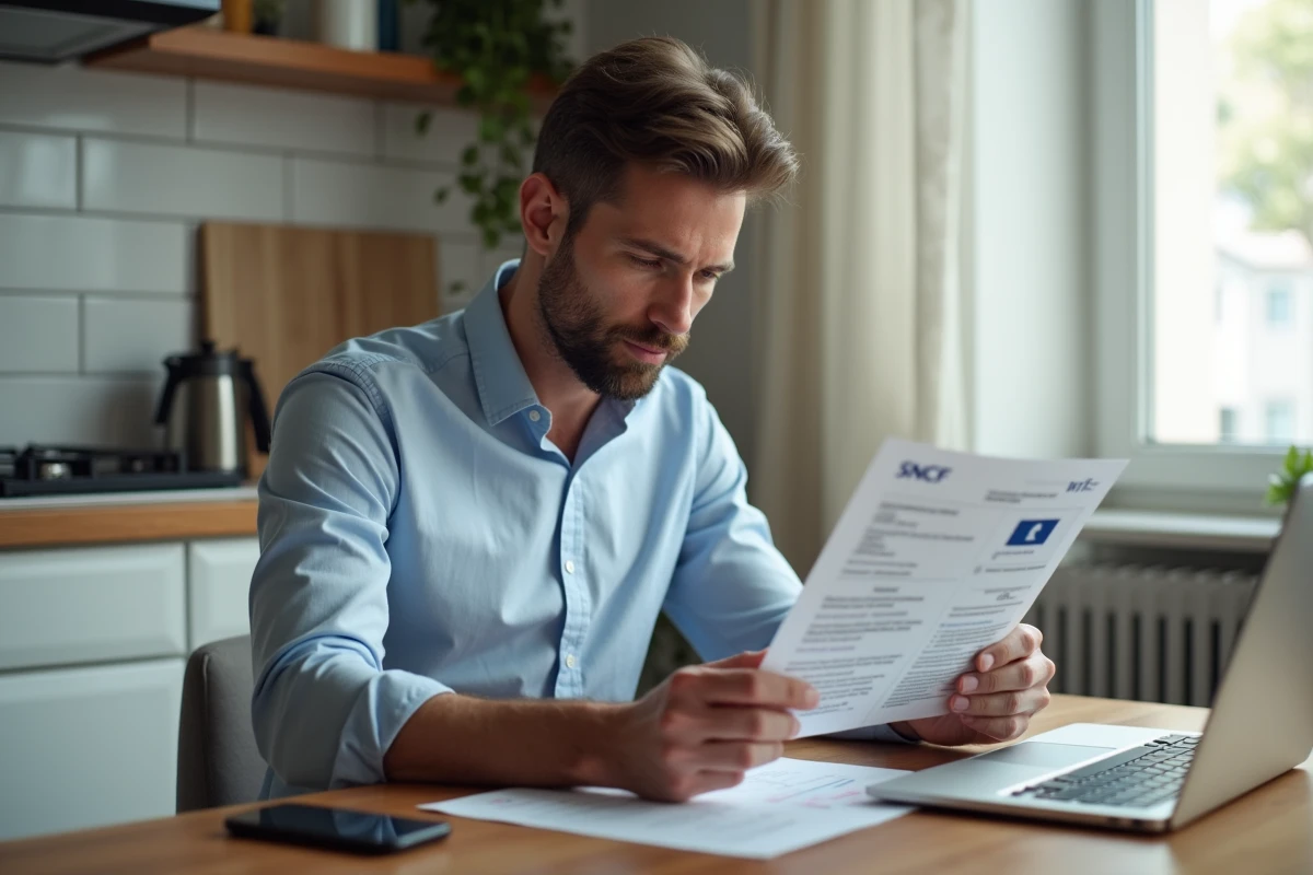 Cheminot SNCF consultant les documents de paie et cherchant le numéro de téléphone de l'Agence Famille depuis chez lui