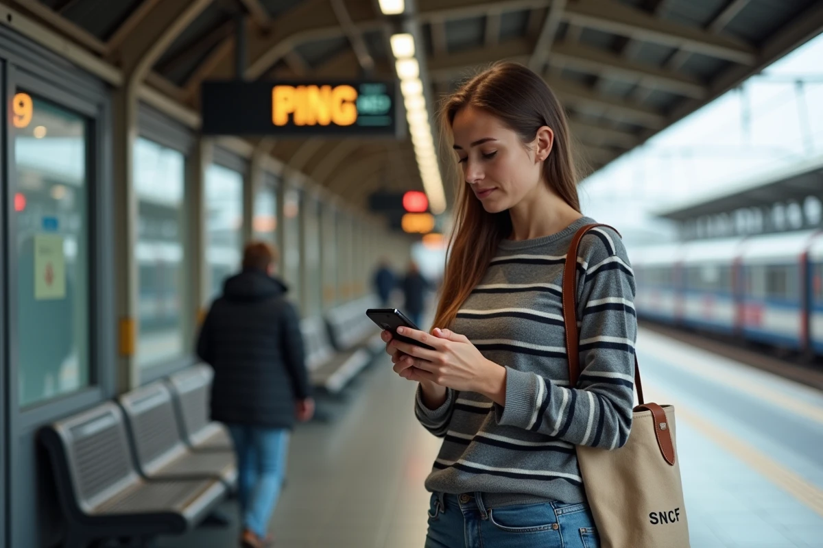 Jeune cheminote SNCF cherchant le numéro de téléphone de l'Agence Paie et Famille sur son smartphone en gare