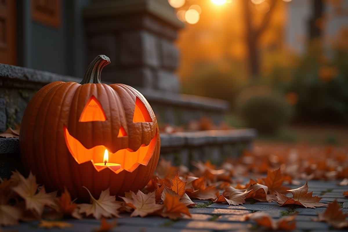 Citrouille sculptée avec bougie allumée lors de l'automne