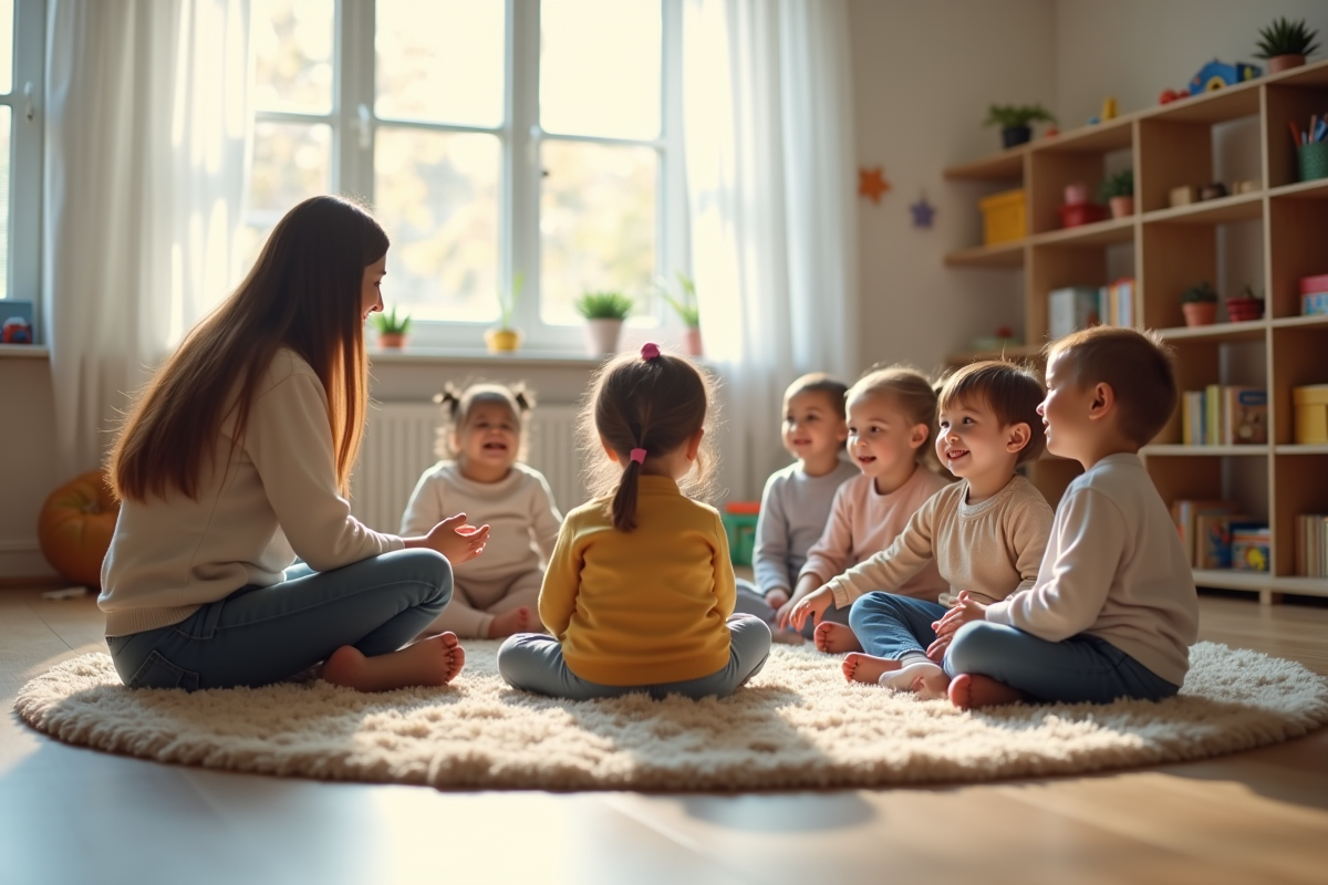 Enfants assis en cercle dans une classe lumineuse