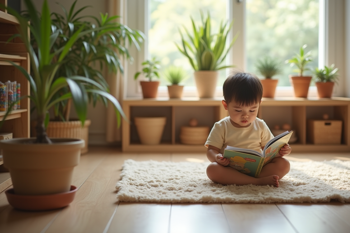 Enfant lisant dans un coin lecture Montessori
