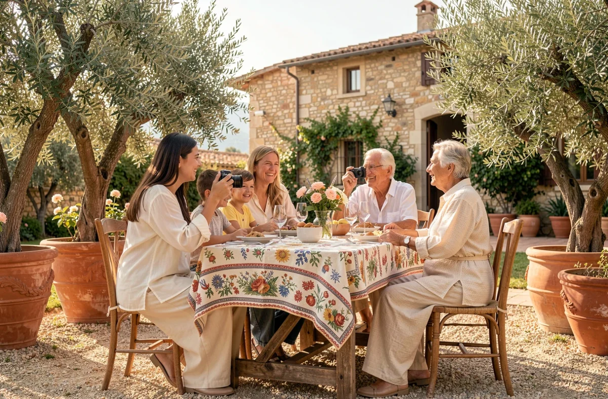 Photographe Coleta capturant une scène de famille autour d'une table provençale dans un jardin de bastide près de Nice
