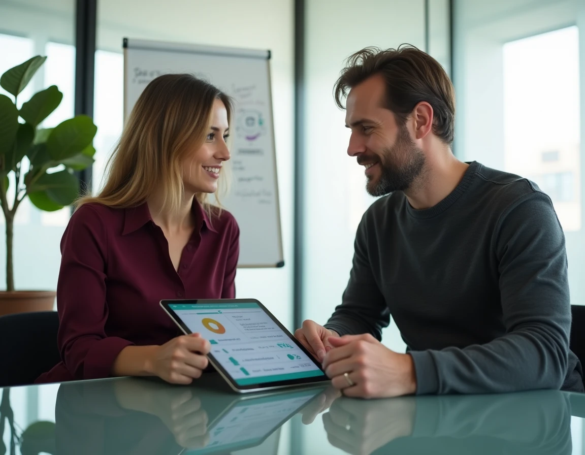 Deux collègues explorant les nouvelles fonctionnalités d'un compte personnel sur tablette en salle de réunion