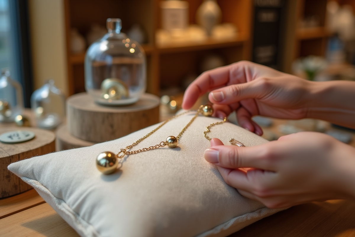 Gros plan sur un collier bola de grossesse dans une boutique artisanale