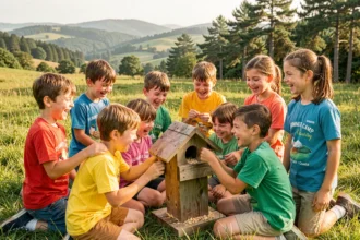 Groupe d'enfants en colonie de vacances dans les Pays de la Loire construisant ensemble un nichoir en bois dans un pré verdoyant