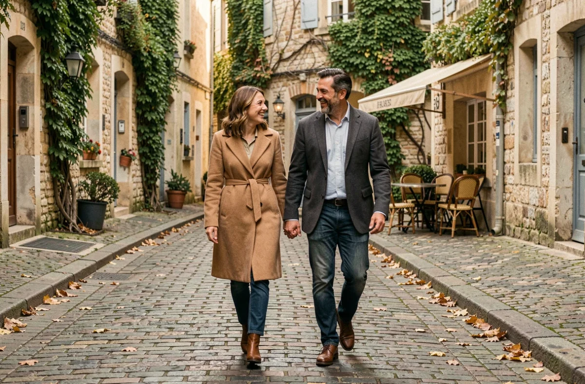 Couple se promenant dans une rue pavée française en automne, illustrant les rumeurs et faits sur le compagnon de Juliette Plumecocq-Mech