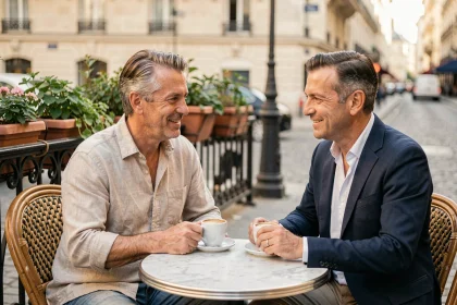 Deux hommes complices attablés à la terrasse d'un café parisien, illustrant une relation discrète loin des caméras