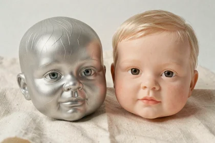 Comparaison côte à côte d'un bébé reborne en silicone et d'un bébé reborne en vinyle posés sur du lin crème, mettant en valeur les différences de texture de peau