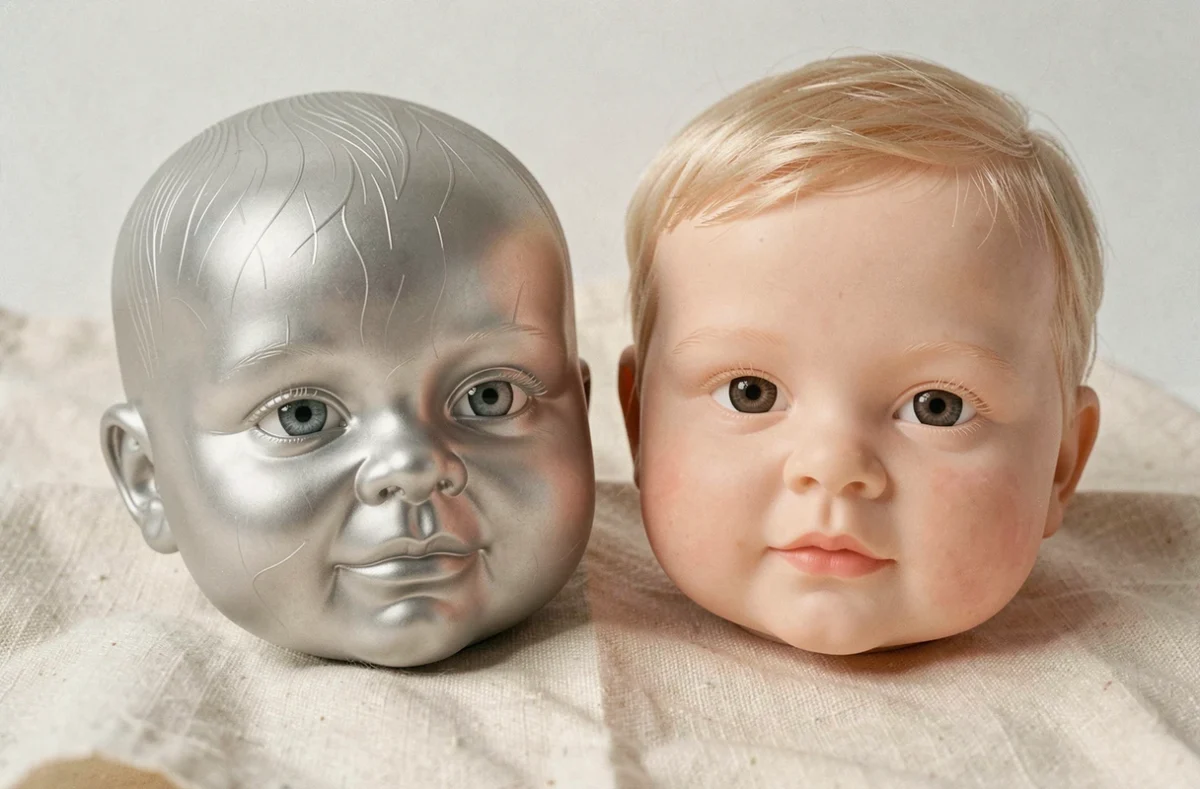 Comparaison côte à côte d'un bébé reborne en silicone et d'un bébé reborne en vinyle posés sur du lin crème, mettant en valeur les différences de texture de peau