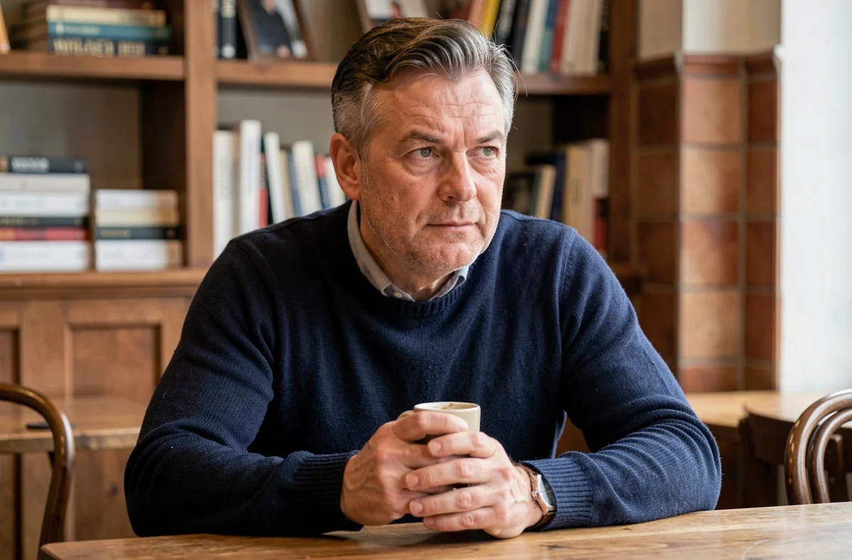 Portrait discret d'un homme assis dans un café parisien, évoquant le conjoint méconnu du public de Samantha de Bendern et leur vie loin des médias