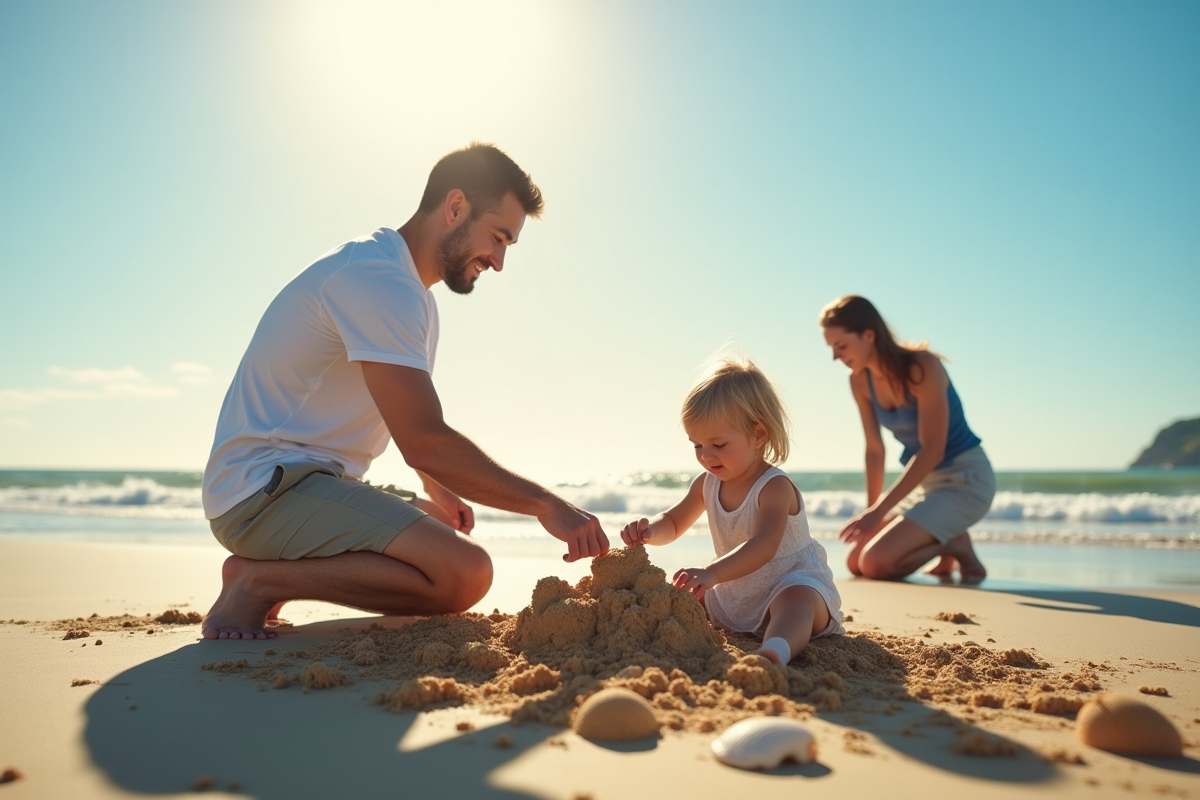 Père et fille construisant un château de sable sur la plage ensoleillée