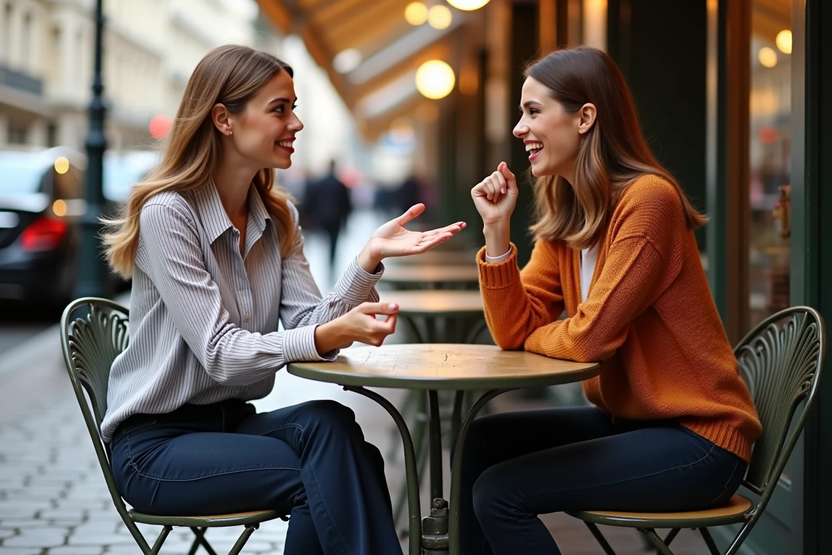 Deux femmes en conversation anim&eacute;e &agrave; une terrasse de caf&eacute; parisien, &eacute;voquant un &eacute;change sinc&egrave;re sur les choix de vie personnels