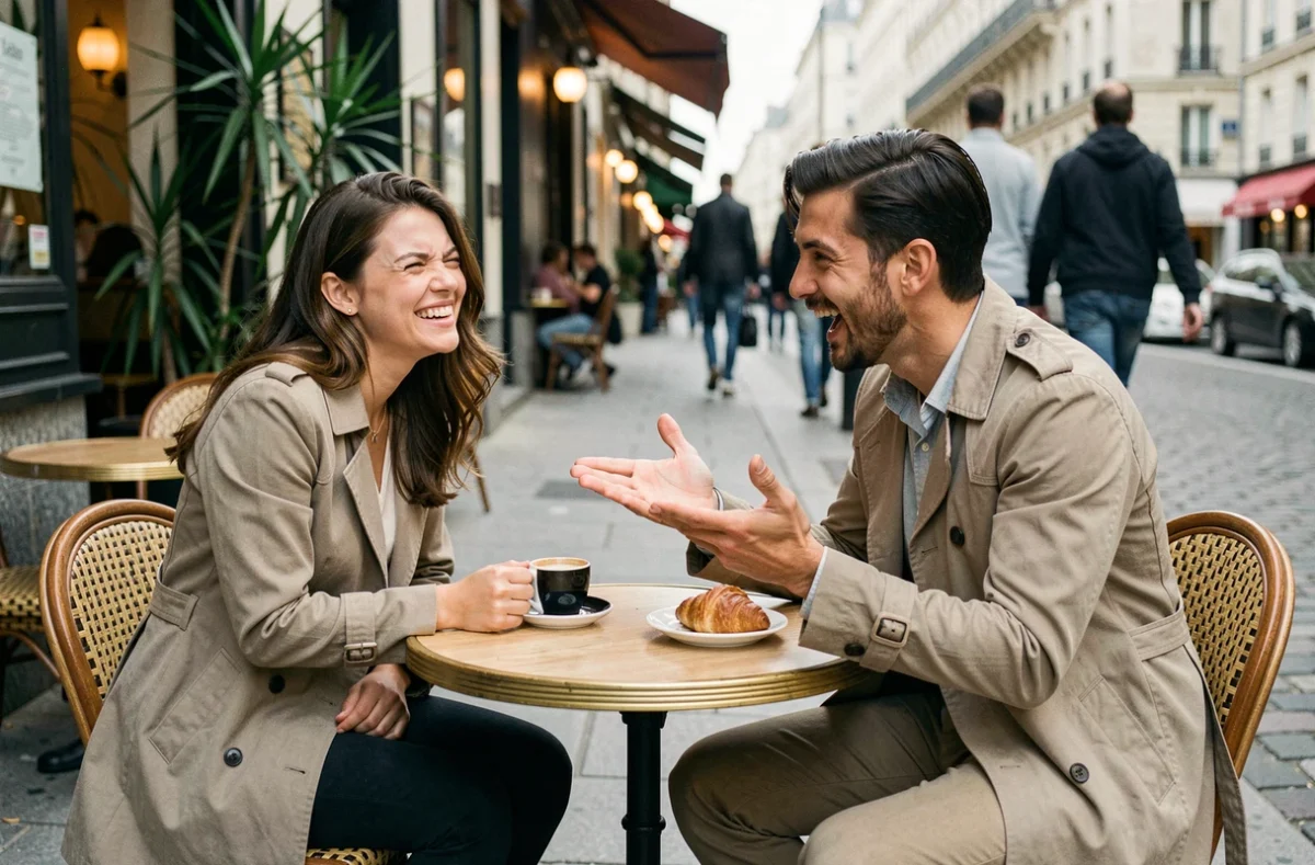 Couple complice échangeant des blagues en terrasse de café parisien